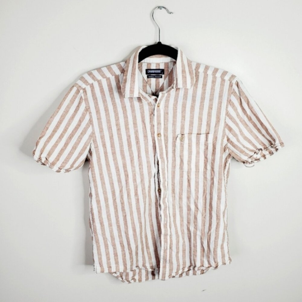 Cambridge Linen Striped Beach Coastal Short sleeve Button Up Shirt S